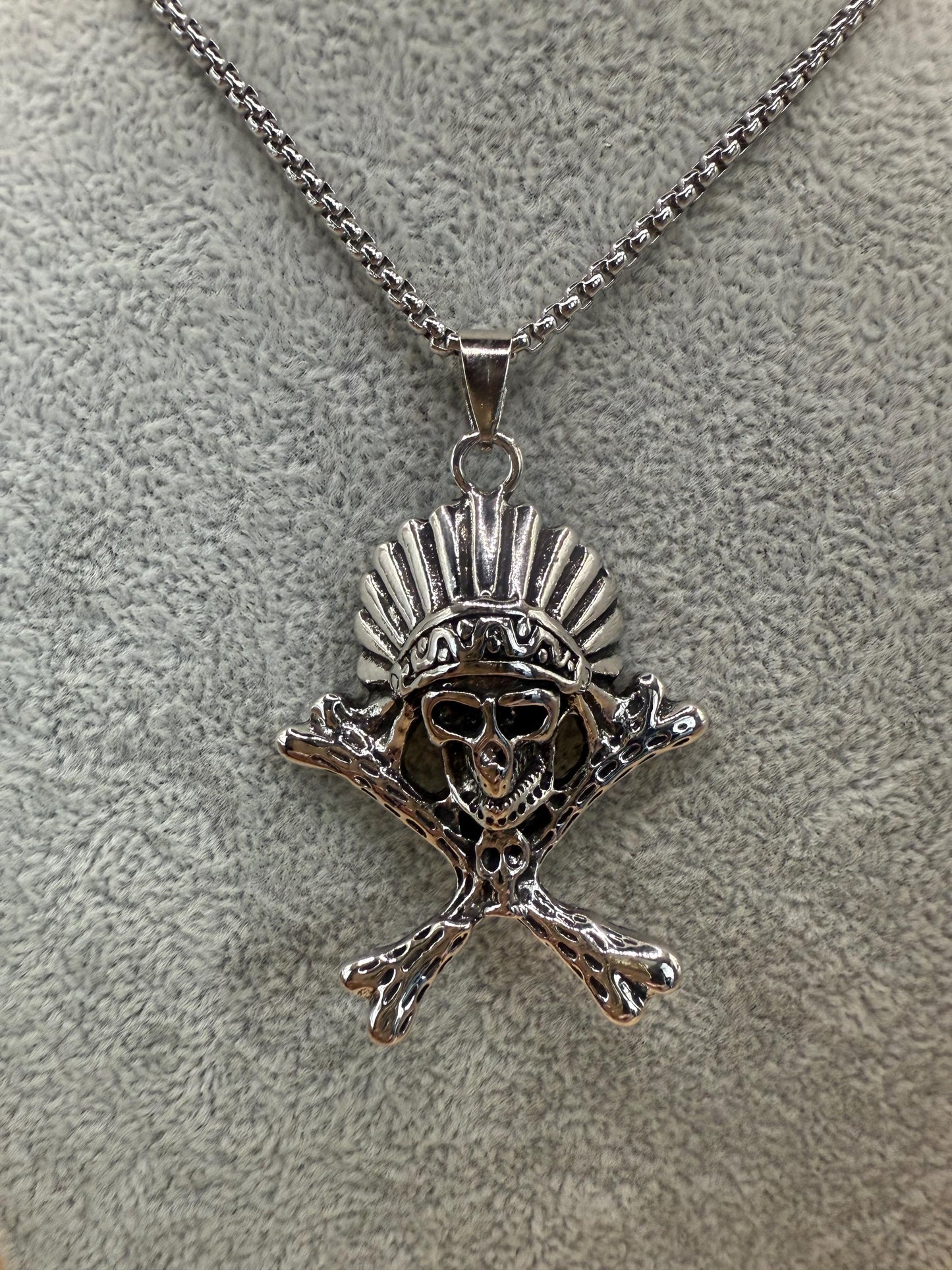 Native Skull & Crossbones Pendant Necklace - Mens, Ladies, Stainless Steel