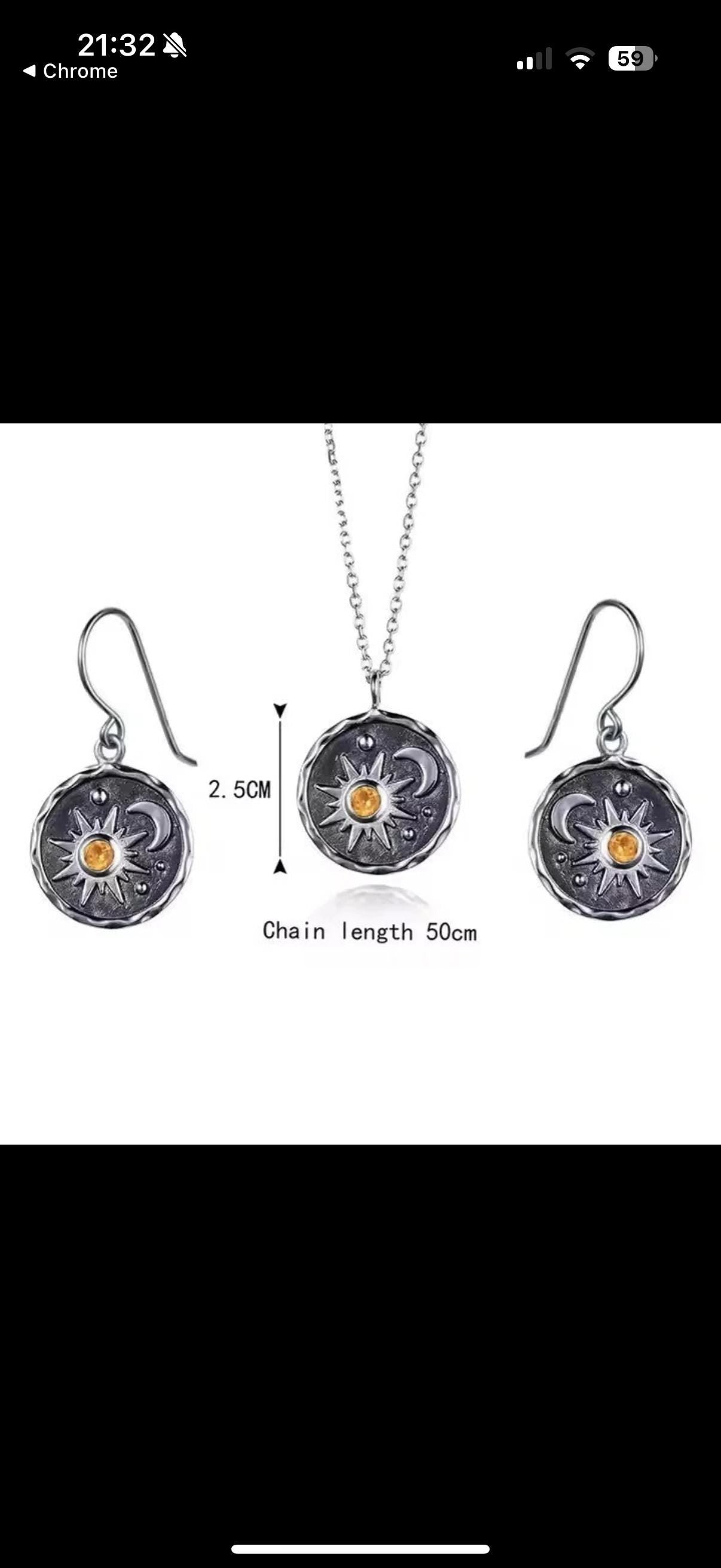 Celestial Sun & Moon jewellery set, earrings and pendant necklace.