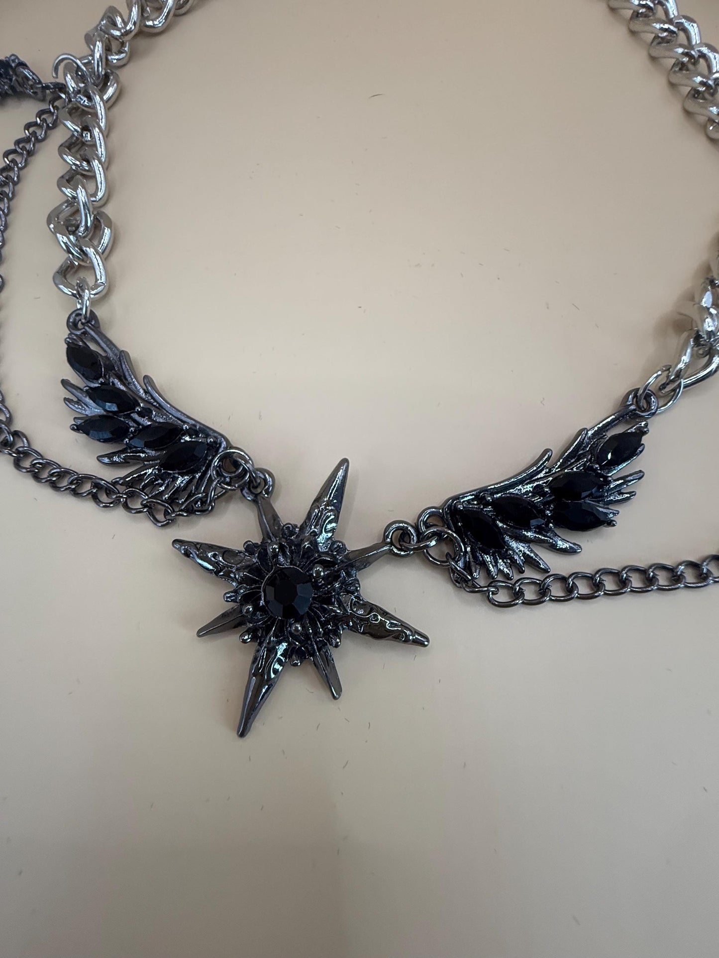 Angel Wings Choker Necklace - Stainless Steel & Black Agate