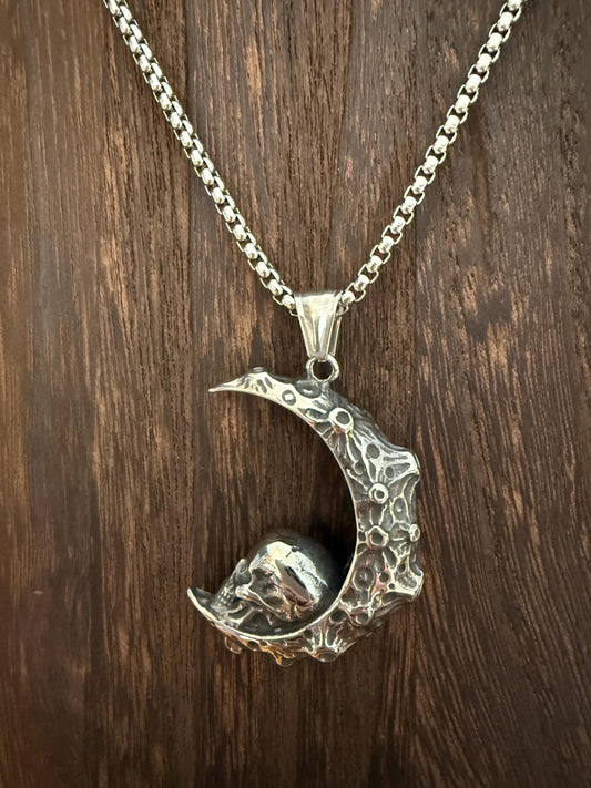 Skull Half Moon Pendant Necklace - Mens, Ladies, Stainless Steel
