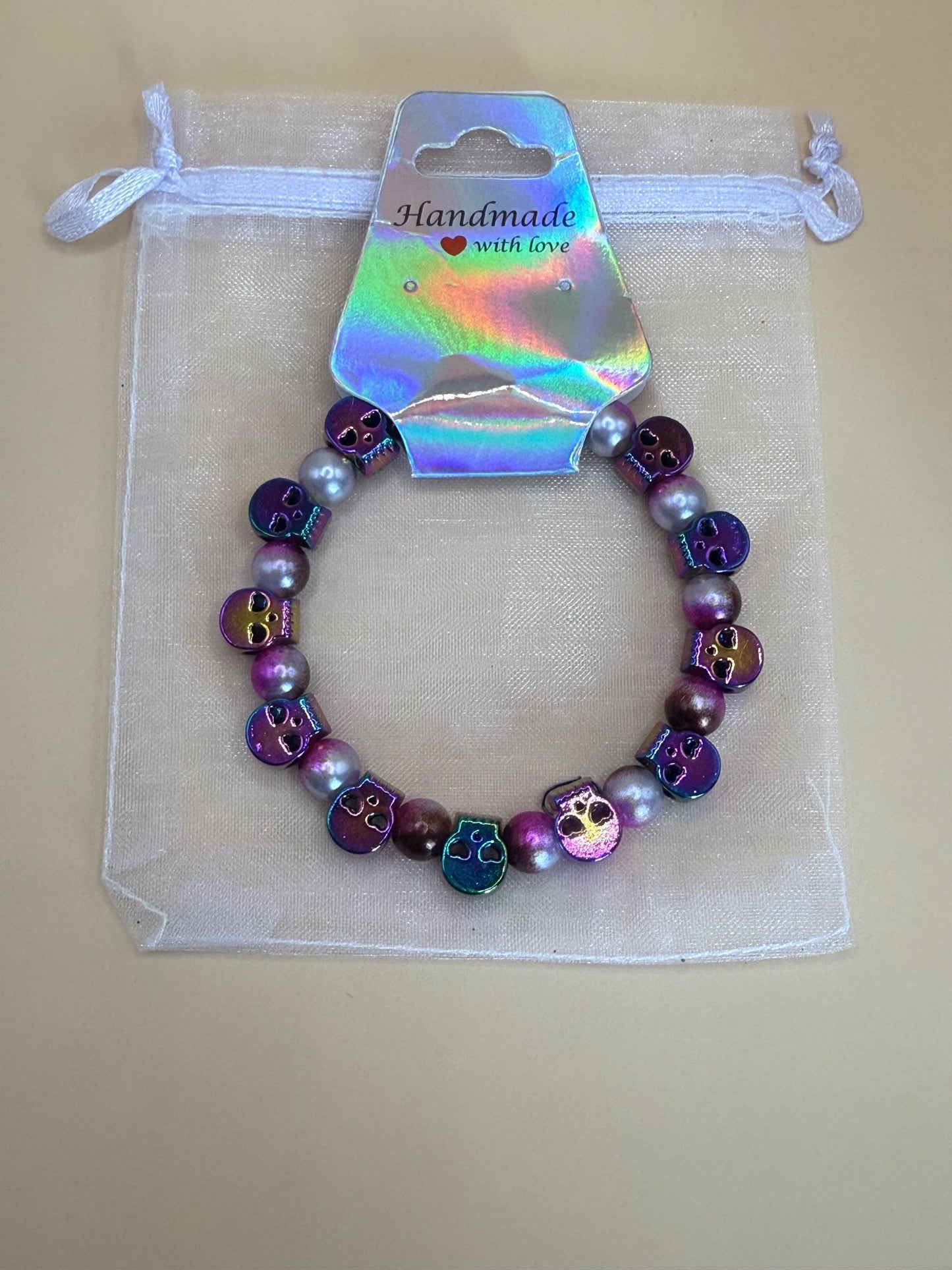 Handmade metallic skull bead bracelet
