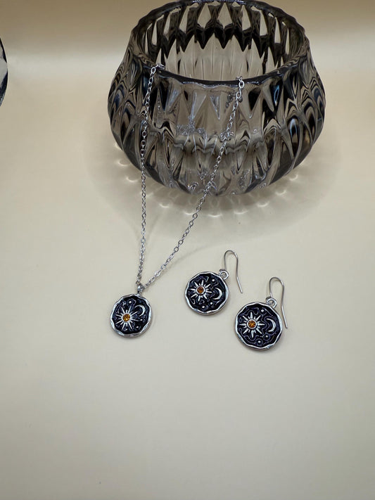 Celestial Sun & Moon jewellery set, earrings and pendant necklace.