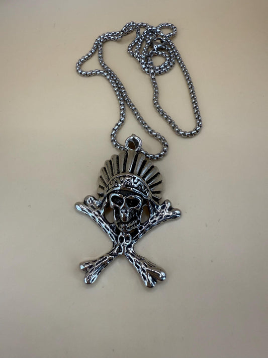 Native Skull & Crossbones Pendant Necklace - Mens, Ladies, Stainless Steel
