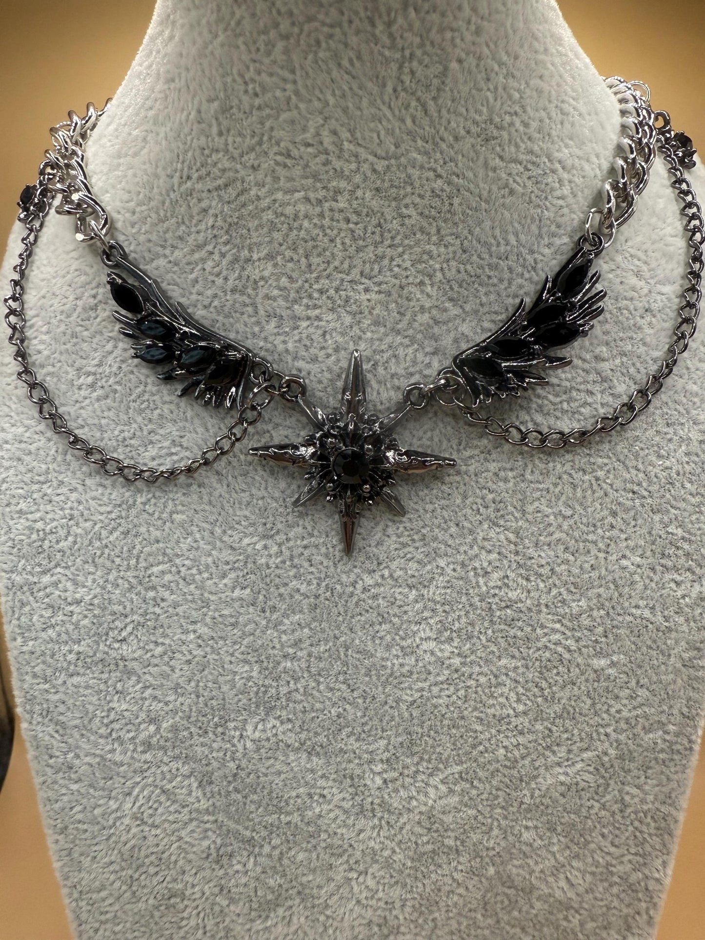 Angel Wings Choker Necklace - Stainless Steel & Black Agate