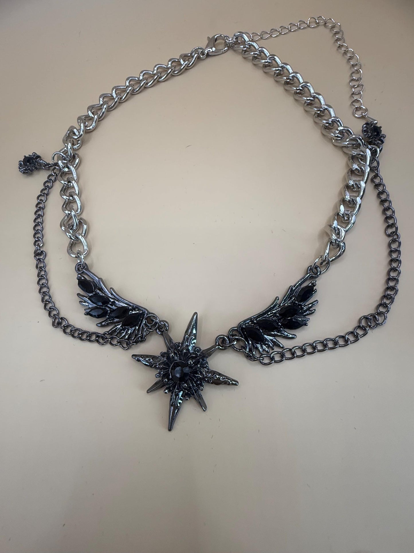 Angel Wings Choker Necklace - Stainless Steel & Black Agate