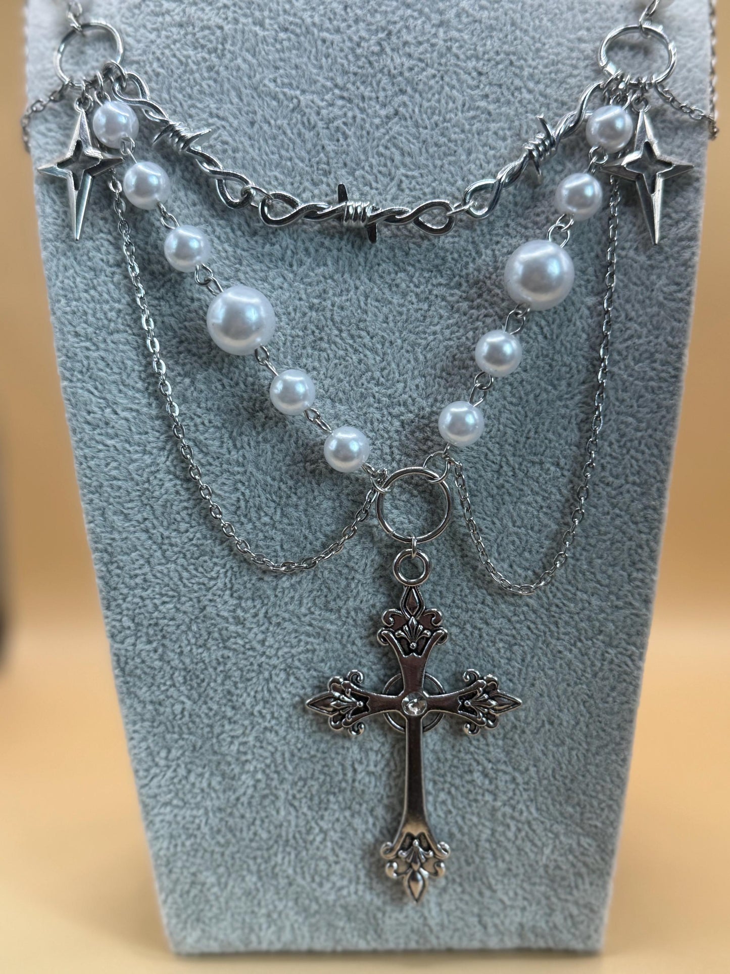 Imitation Pearl Choker Cross Rosary Necklace