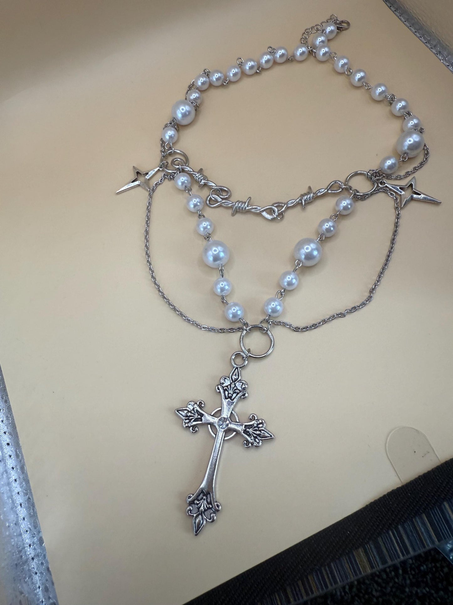 Imitation Pearl Choker Cross Rosary Necklace