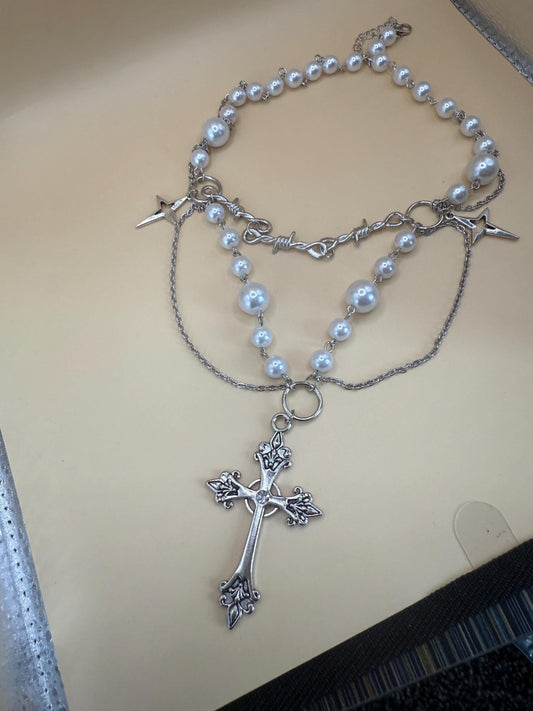 Imitation Pearl Choker Cross Rosary Necklace