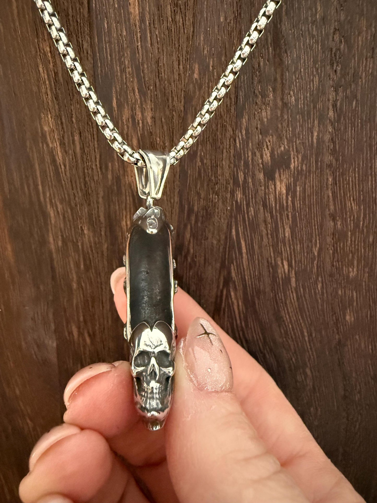 Skull Half Moon Pendant Necklace - Mens, Ladies, Stainless Steel